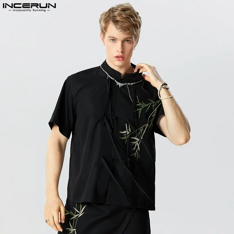 

Chinoiserie Tops 2023 Men's Vintage Embroidery Bamboo Print Shirts Casual Fashion Long Placket Buckle Short Sleeve Blouse S-5XL