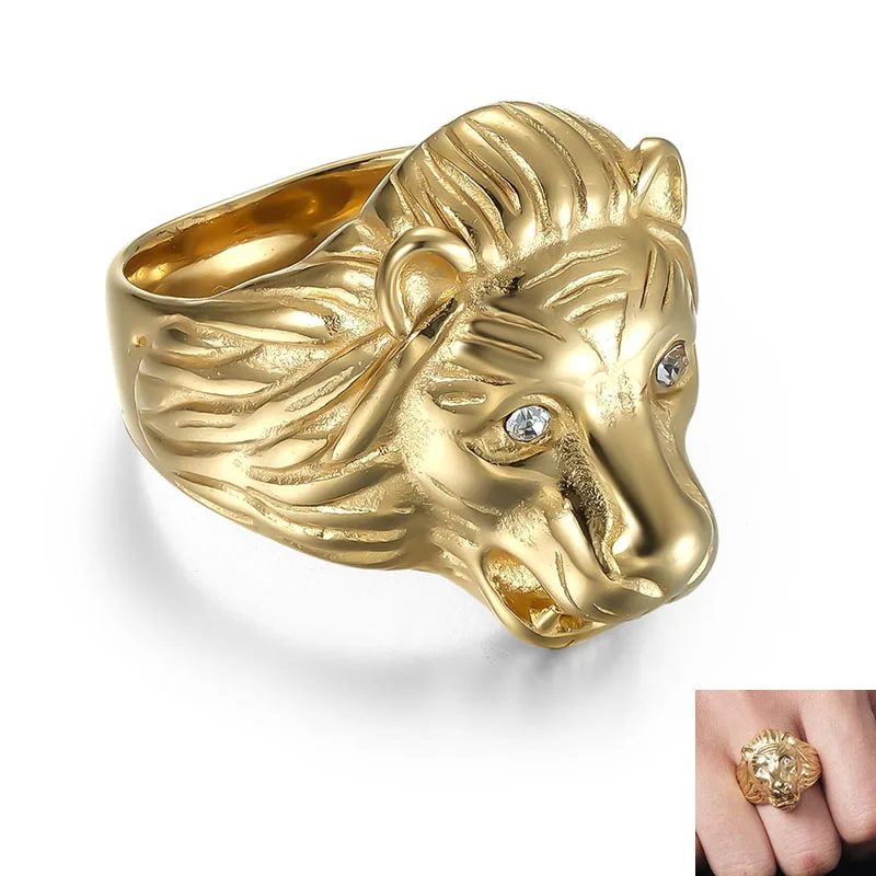 

Men's Vintage Ring Band Fashion Stainless Steel Gold Lion Head Rings Rock Punk Style Animal Ring Jewelry