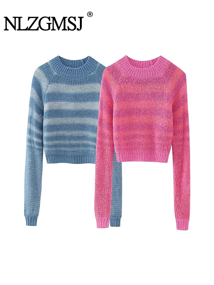 

Осень 2023, Женский Повседневный пуловер Nlzgmsj TRAF с длинным рукавом и круглым вырезом, облегающие топы, короткий вязаный свитер в полоску