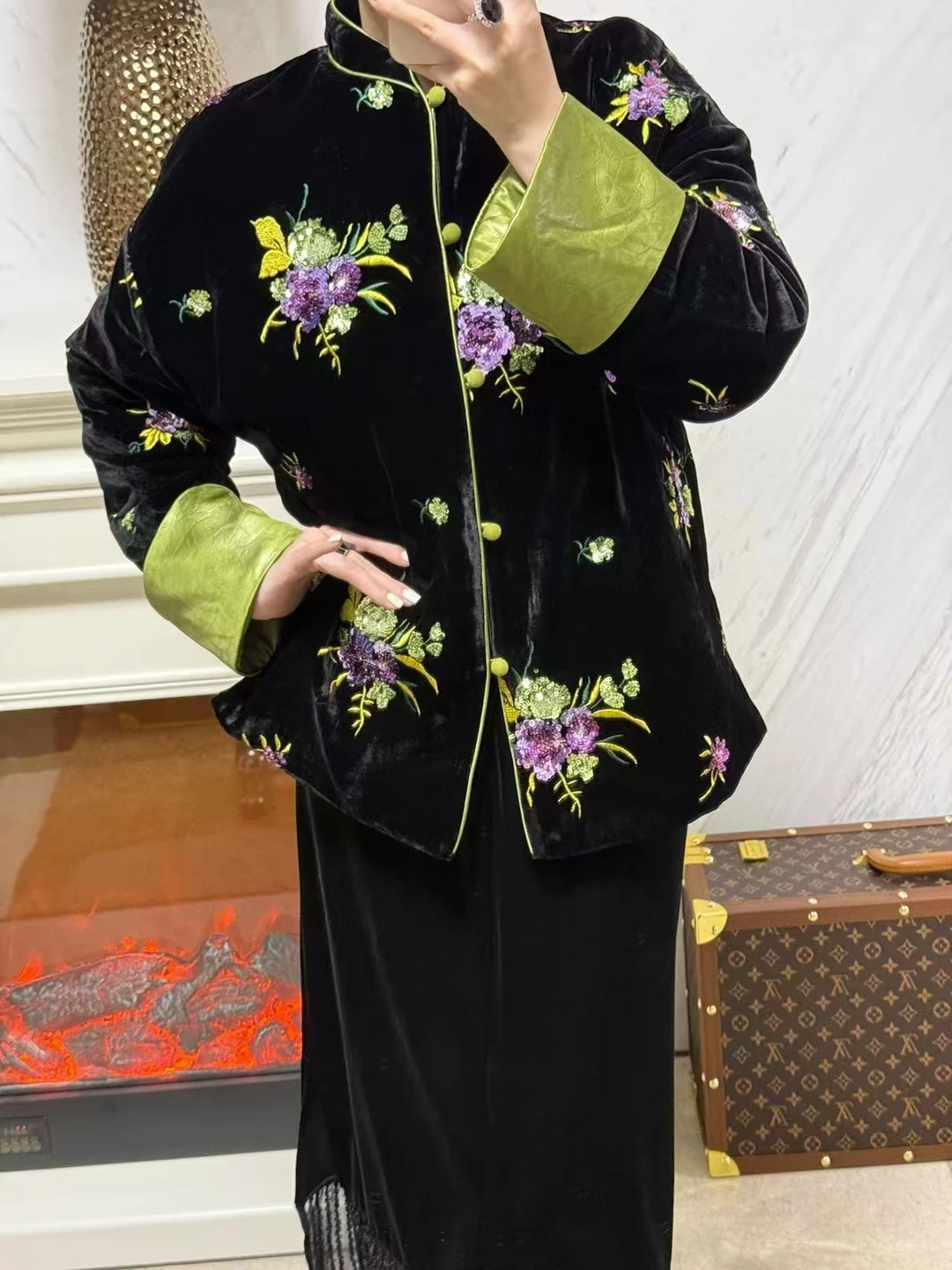 Новое зимнее пальто из шелка + бархата новый китайский стиль с вышивкой бисером