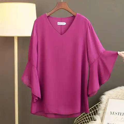Women Blouse New Spring Summer Fashion Small Fresh Loose V-neck Doll Horn Short Sleeve Casual Chiffon Top