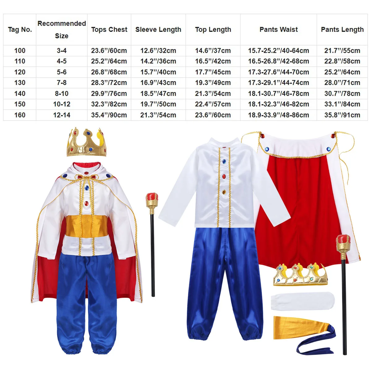 TiaoBug Kids Medieval Prince Costume Tops with Pants Belt Cloak Scepter Shoe Covers Set Boys Halloween Cosplay Party Dress Up |