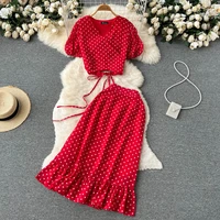 elegant polka dot chiffon skirt suit womens two piece set summer high waist fishtail skirt lace up top ladies outfit
