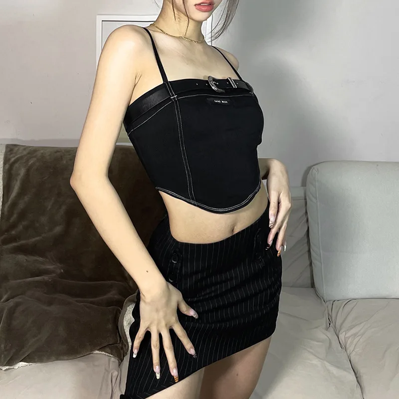 

Black Sexy Club Party Mysterious Domineering Glamorous Royal Sister High Street Handsome Cold Tight Women's Camisole Short Top