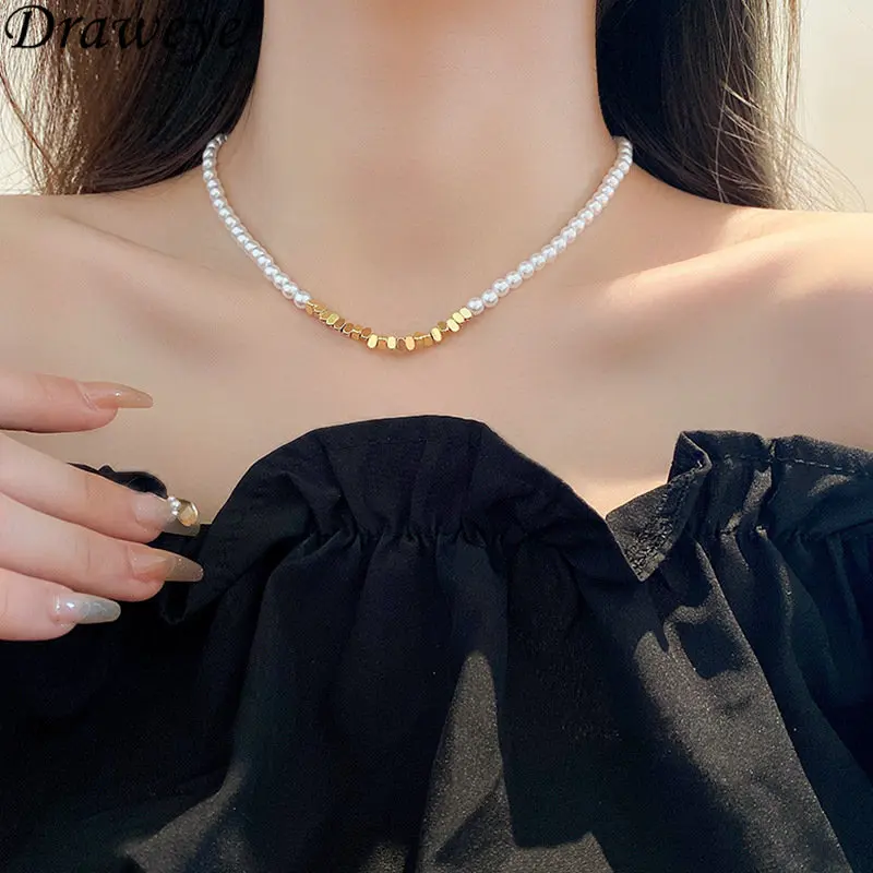 

Draweye Necklace for Women Pearls Metal Patchwork Korean Fashion Collares Para Mujer Geometric Sweet Basics Luxury Jewelry