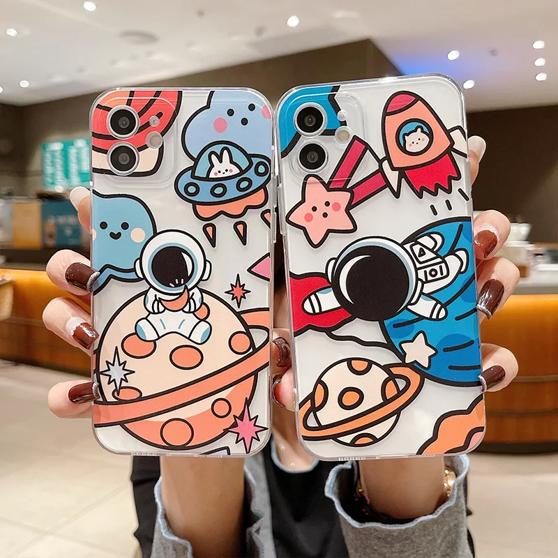 

Spaceship Astronaut Phone Case For iPhone 11 12 13 Pro MAX 6 6S 7 8 Plus XS 12 13 Mini X XR SE 2020 Couple Clear Anime Cartoon