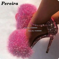 pereira pink solid fur decor heels women sandals ankle strap super thin high heel sexy wedding shoes on heels party gladiator