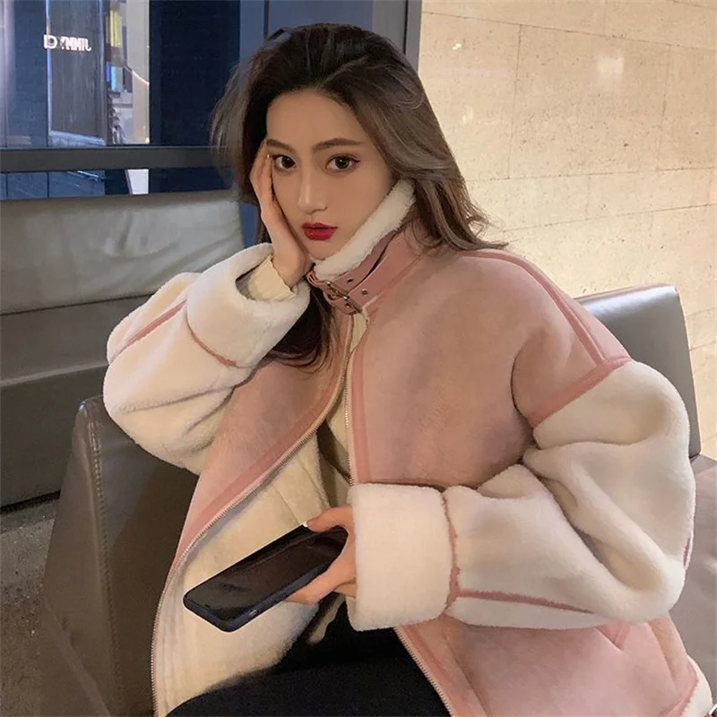 MOLAN Woman Warm Overcoat Winter Fashion New Leather Patchwork Loose Long Sleeve Locomotive Coat Zipper Female Chic Outwear Top