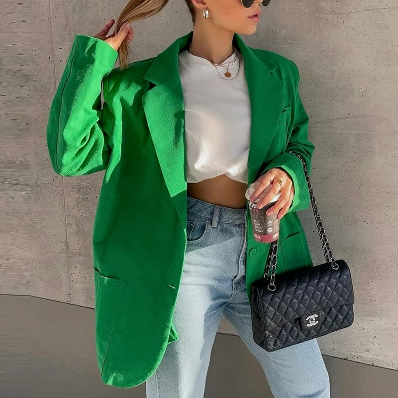 Women's Loose Long-sleeved Suit Collar Loose Single-breasted Cotton and Linen Small Suit Jacket Sexy Street Casual British Style