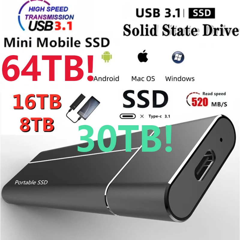 

Protable SSD 1TB High Speed Type-C USB3.1 16TB 8TB 4TB 2TB 1TB External Solid State Drive 500GB 1TB Mobile Hard Drive for Laptop