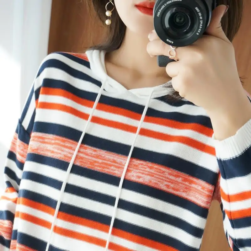 

Wool Cotton Hooded Striped Long Sleeve Women 2023 Pullovers Sweater Winter Autumn News Woolen Female Pullover Sweater V64