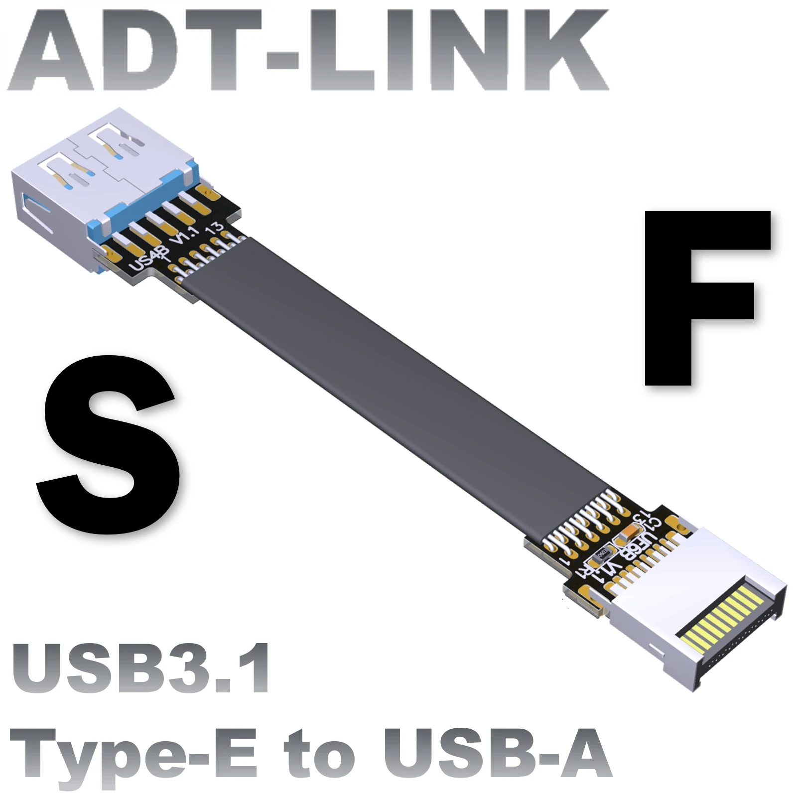 2022 New ADT Factory 13P USB3.1 Extension Cable Type-E Male To USB-A Female With Screw Fixing Hole PC Chassis Flat Ribbon Cable