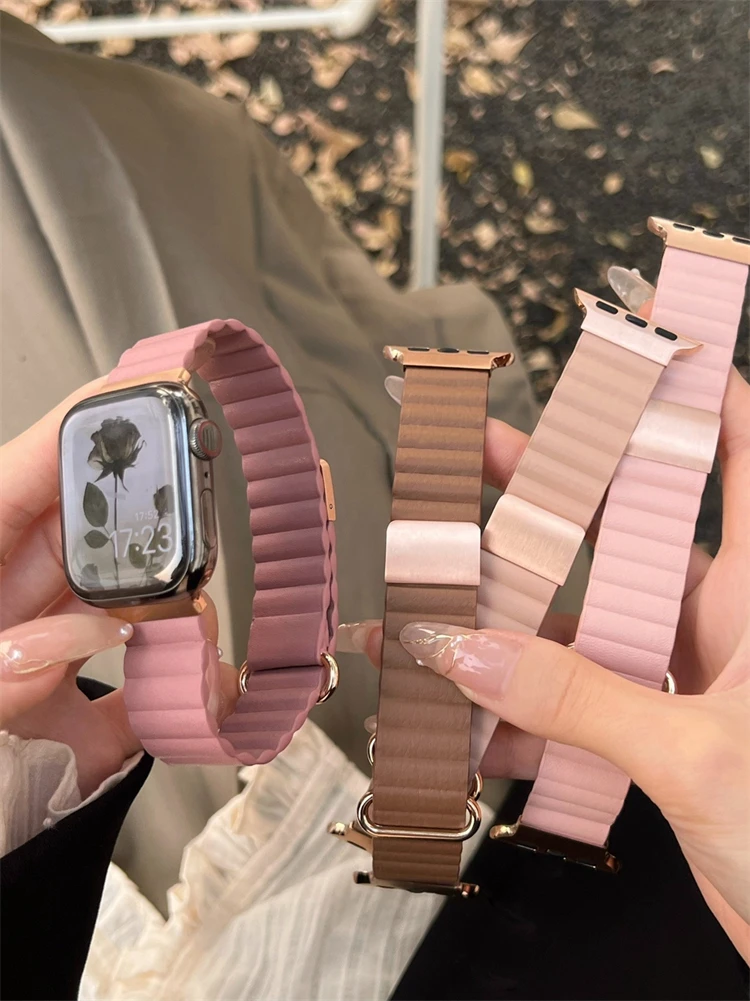 

2023 Unique Color Magnetic Leather Band For Apple Watch 41mm 38mm 40mm 42 44 45 Cute Girl Pink Strap For iwatch 8 7 SE 6 5 4 3 2