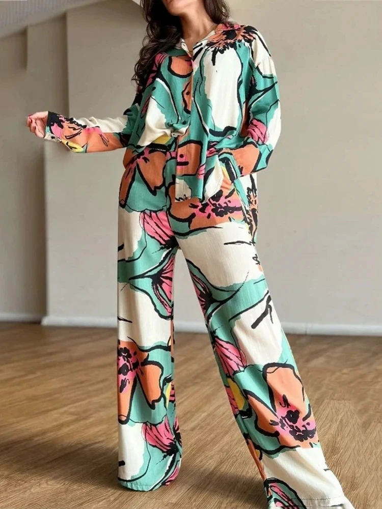 

Pjamas for Women Sets Autumn Flower Print Long Sleeve Shirt Pants Suit Two Piece Set Loose Casual Homewear Tracksuit Outfit New