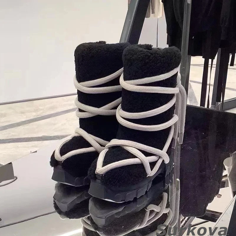 Women Casual Snow Boots Round Toe Flat Mid-Heel Warm Shoes Plush Cross Strap Thick Bottom Snow Boots Winter Fashion Retro Boots