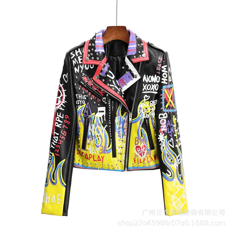 European And American Fashion Women'S Leather Clothing, Printing, Graffiti, Rivet, Rock Punk Motorcycle Suit, Personality, Slim,