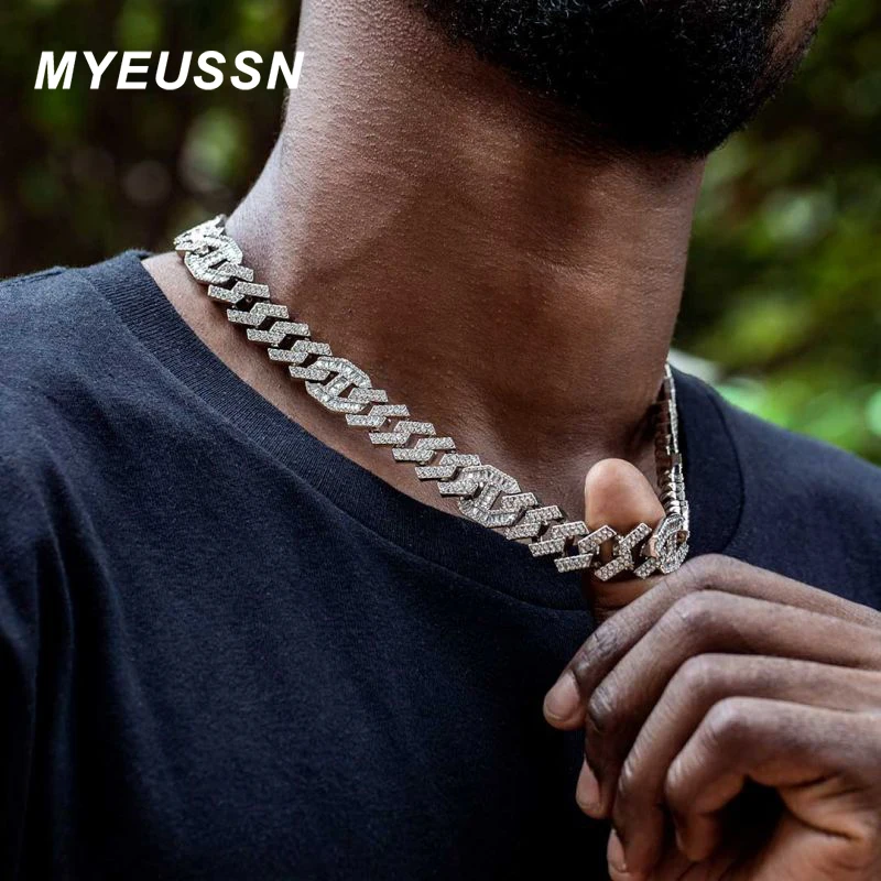 

15MM Men Hip Hop Prong Cuban Link Chain Necklace Bling Iced Out 2 Row Rhinestone Paved Miami Rhombus Cuban Necklaces Jewelry