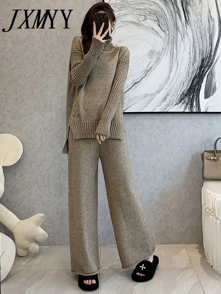

Autumn And Winter New Fashion Temperament Turtleneck Slit Sweater + Loose Wide-Leg Pants Two-Piece Net Red Lazy Suit Female