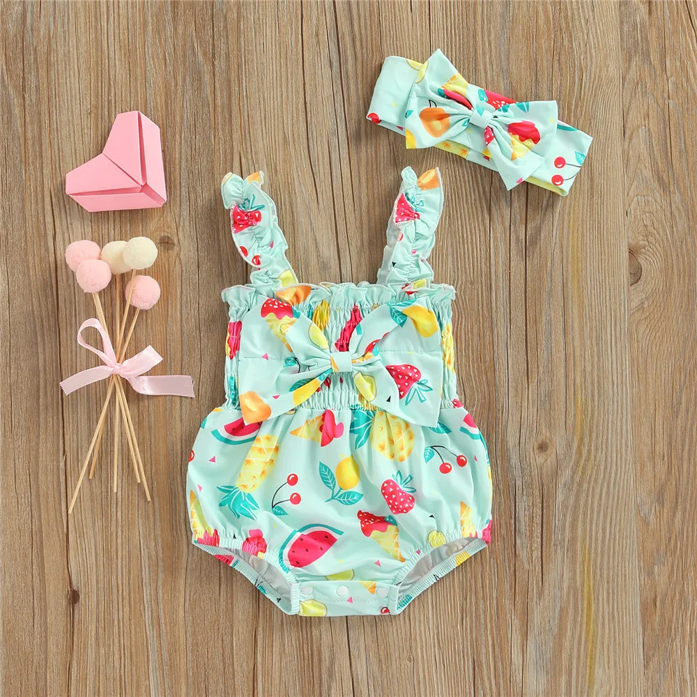 

Baby Girl Lemon Pineapple Print Bodysuits Bow Ruffle Shirred Romper Headband 3-18M Newborn Infant Toddler Summer Casual Jumpsuit