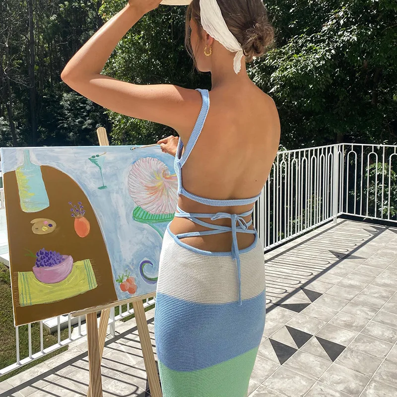 

Летние платья 2022, женское модное трикотажное платье в полоску, в стиле пэчворк, с открытой спиной, элегантное женское сексуальное облегающе...