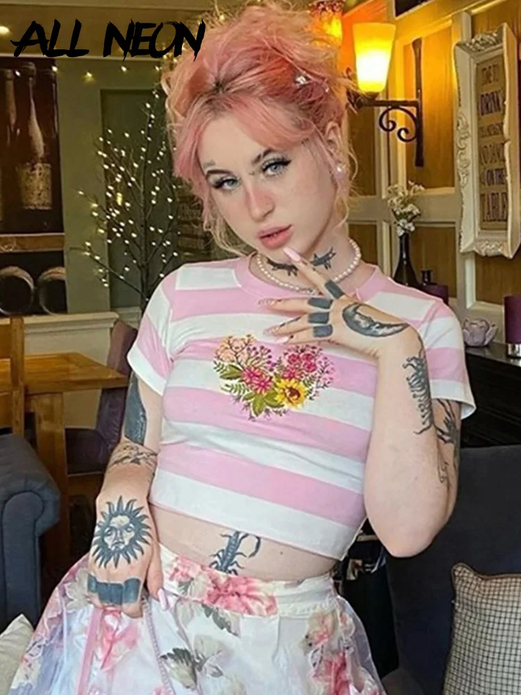 

ALLNeon 2000s Aesthetics Cute Pink Striped Crop Tops Y2K Streetwear Retro Flower Print O-neck Short Sleeve T-shirt E-girl Baby T