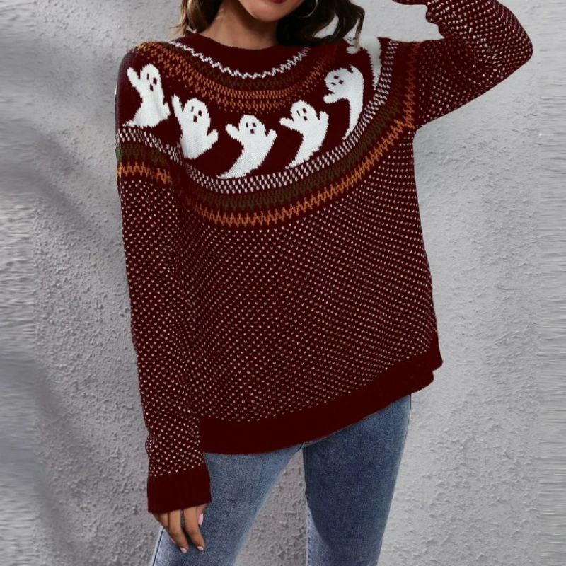 

Halloween ghost retro polka-dot long sleeve loose women's knitted sweater pullover