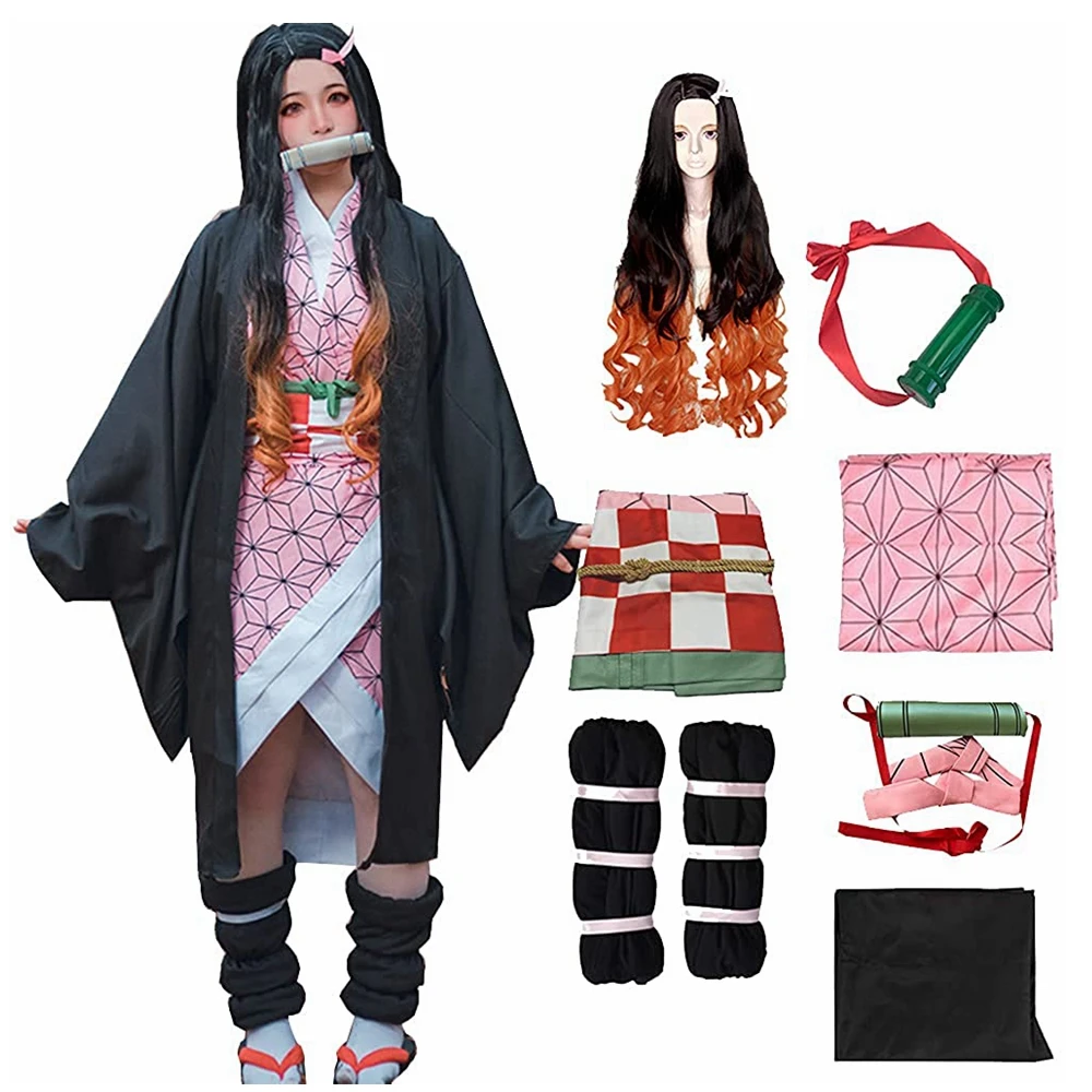 Kamado Nezuko Cosplay Anime Demon Slayer Nezuko Cosplay Costume Kimono Haori Wig Suit Women Men Adult Kids Halloween Costumes
