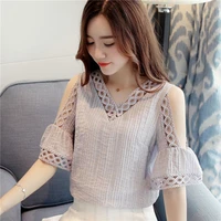 sweet v neck lace hollow out off shoulder blouses 2022 summer new sexy female clothing loose chic flare sleeve shirt
