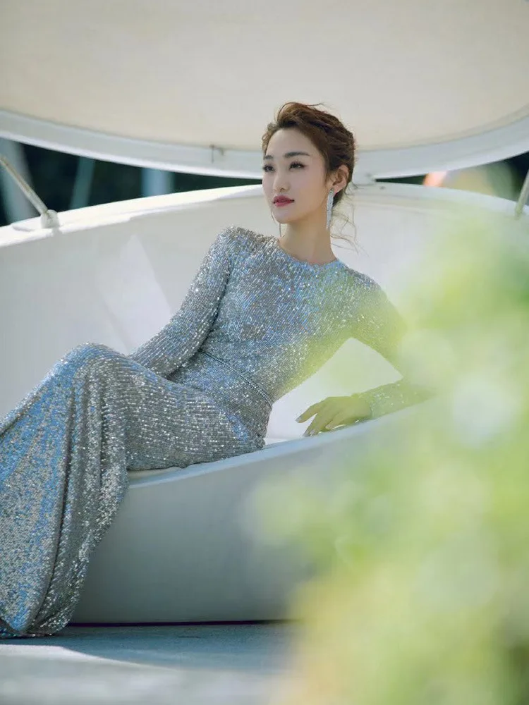 Banquet evening dress 2023 new fishtail long high-end high-end fashion show thin temperament hostess dress