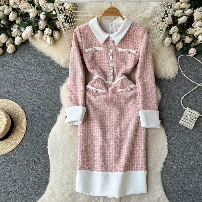 

Женское твидовое платье с жемчужными пуговицами, маленькое очаровательное розовое клетчатое платье в Корейском стиле, элегантное облегающ...