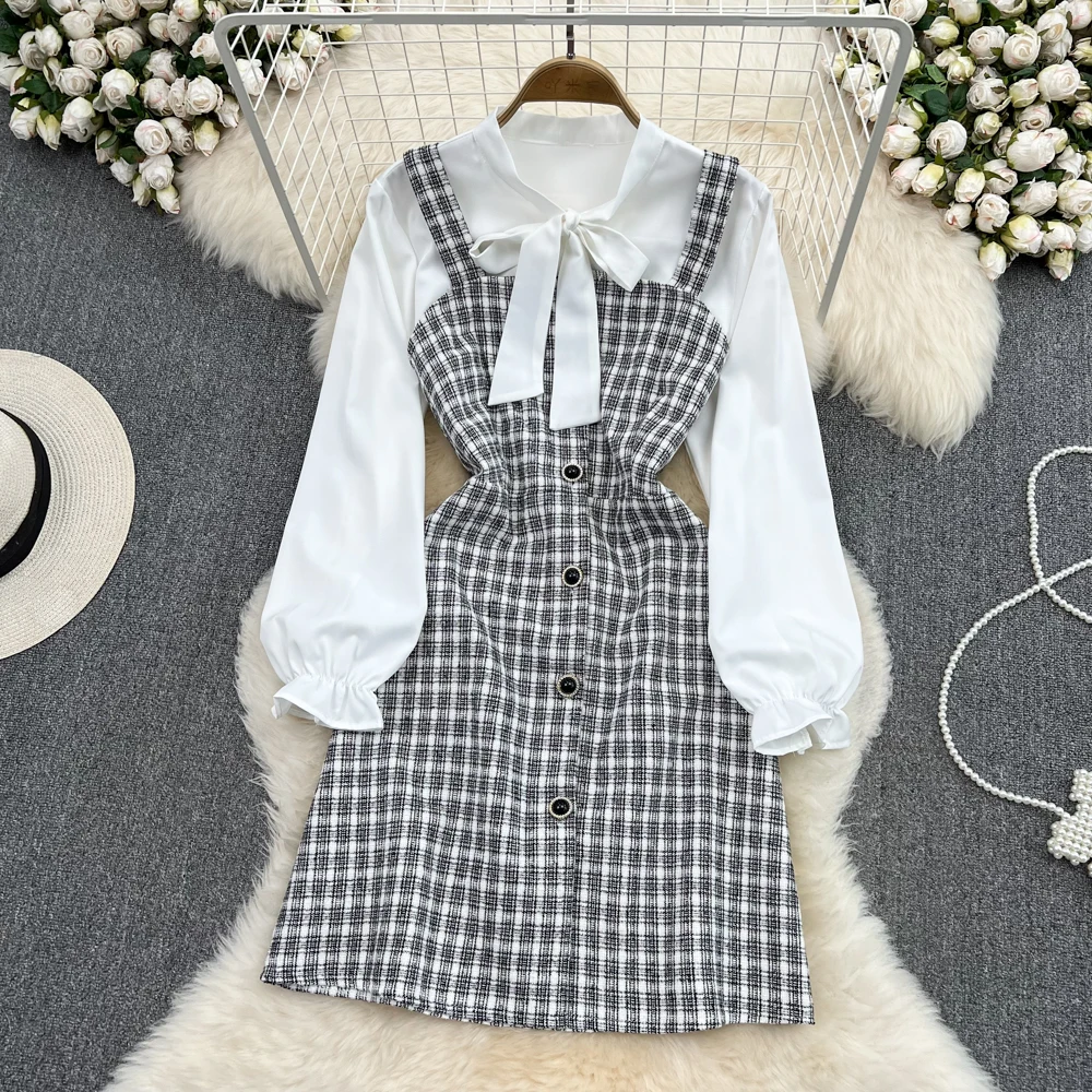

Elegant 2 Piece Set Women Long Sleeves High Waist Stylish Midi Skirt Suits Fashion Bow Top Plaid Dress Pullover Maxi Clothes