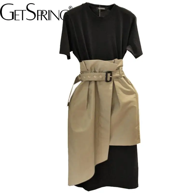 

GetSpring женское платье 2022 Свободное длинное платье-футболка с коротким рукавом для отдыха с поясом Модные женские летние платья Новинка