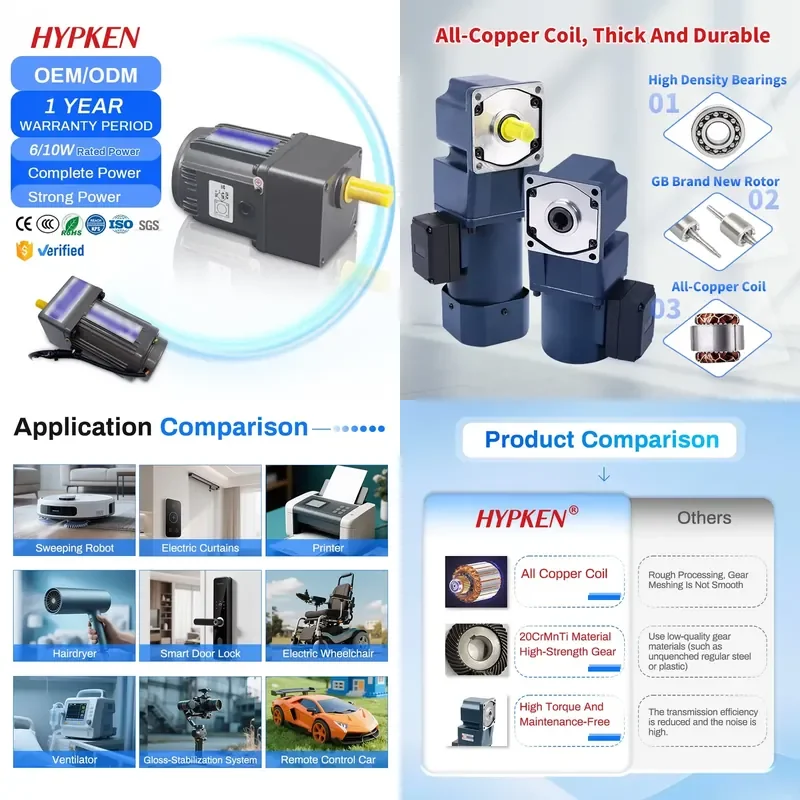 Фото Индукционный мотор-редуктор Hypken AC 220В с высоким крутящим моментом и регулировкой скорости, 90 Вт, 6-10 Вт, малогабаритный электродвигатель с реверсом, мини-мотор №1