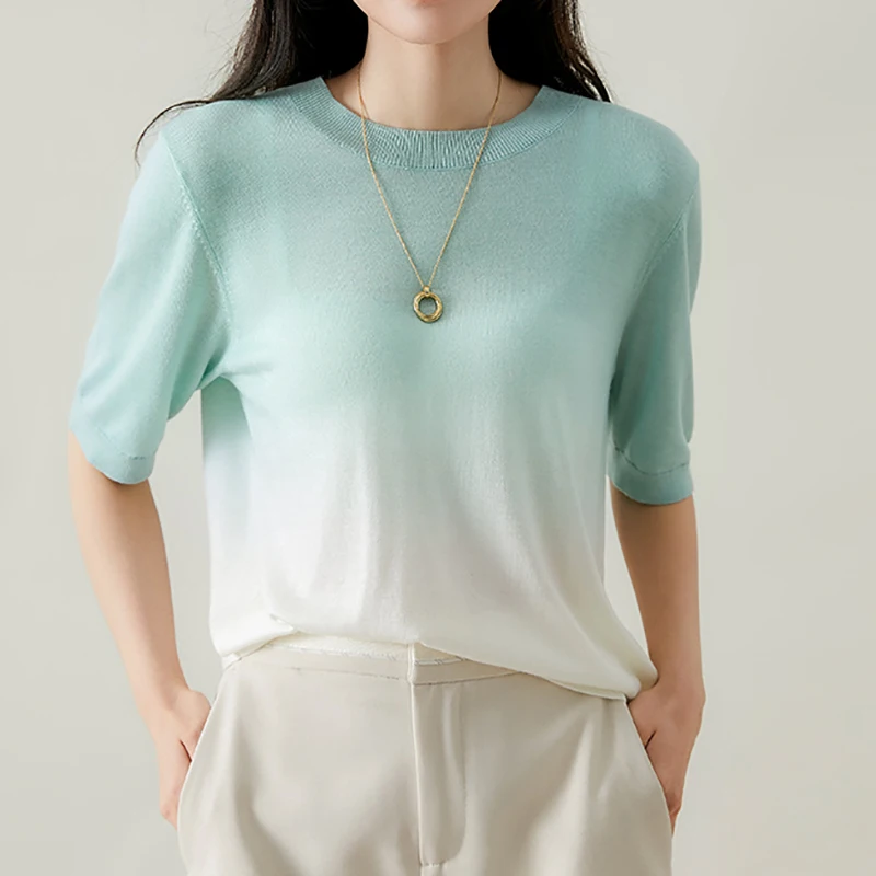 

Gradient Knitted Top T Shirt For Women Summer Short Sleeve Ice Silk Tees Korean Fashion Womens Clothing T-Shirts Camisetas Mujer