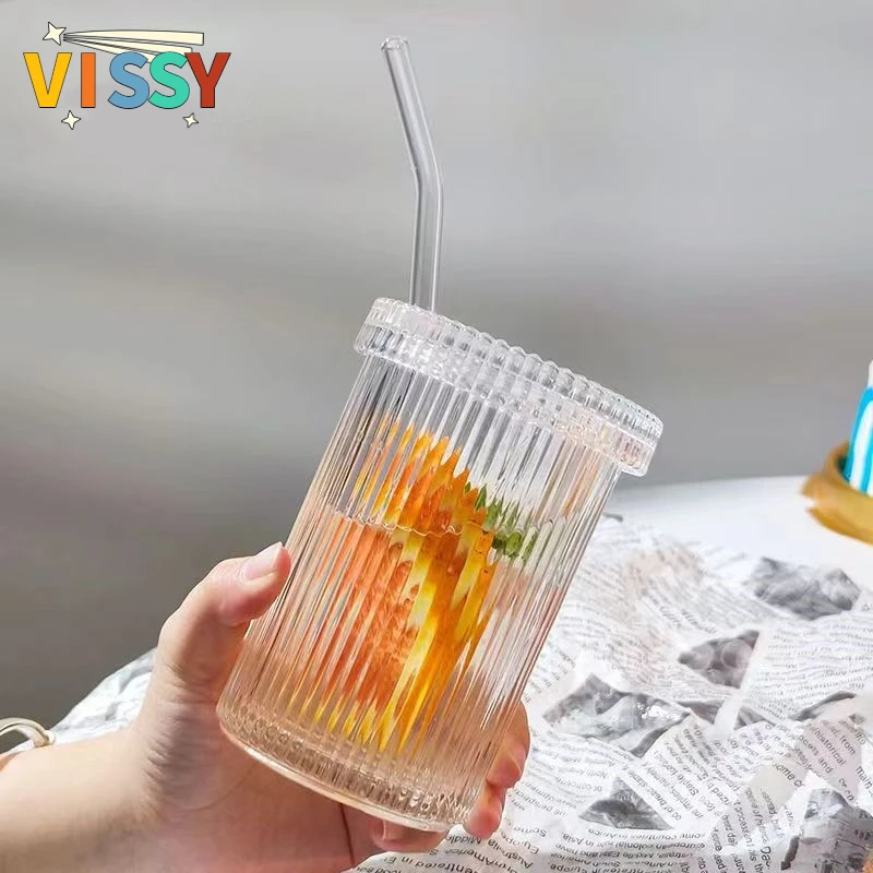 

390Ml Japanese Style Coffee Mug with Lip with Straw Glass Cups Transparent Water Cup Drinking Milk Beertea Juice Tea Mugs