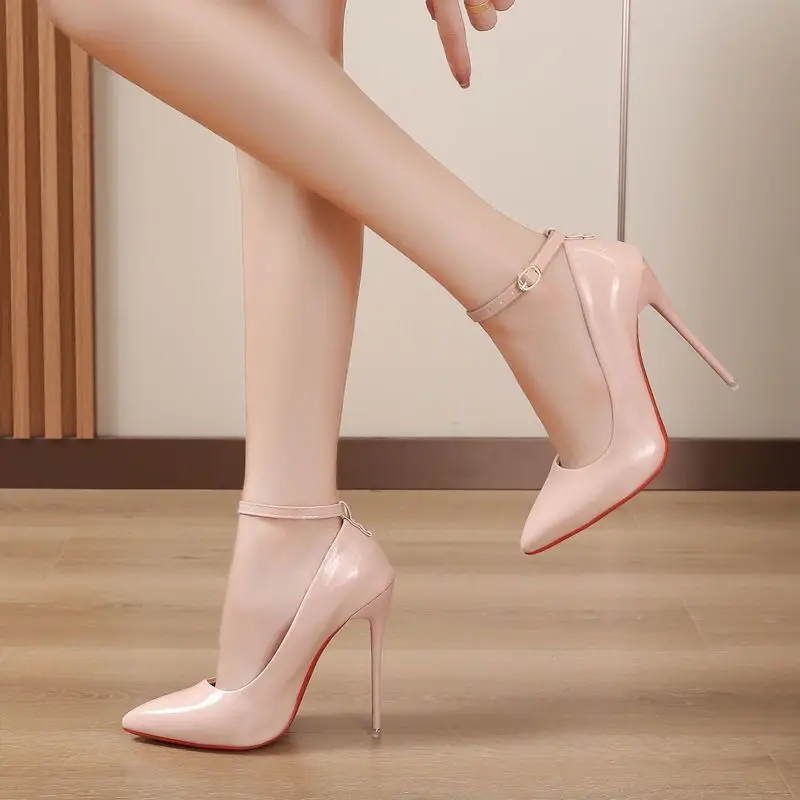 Sexy One Word Buckle High Heels 2023 Summer Fashion 12cm Super Heel Lady Party Pumps Large Pointed Toe Stiletto Women's Shoes 45 3