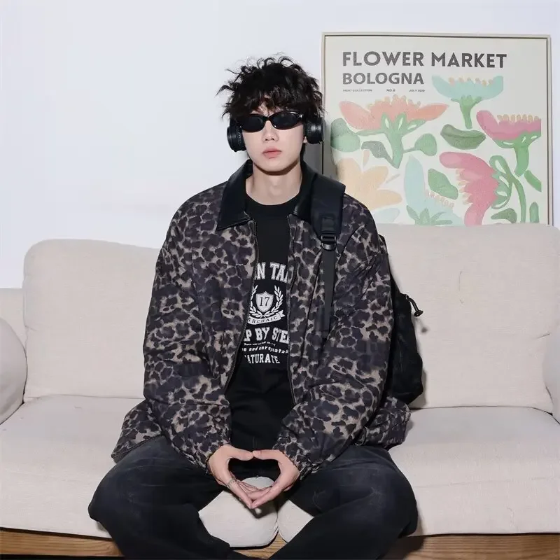 Модная леопардовая куртка в американском стиле с лацканами пэчворк свободный