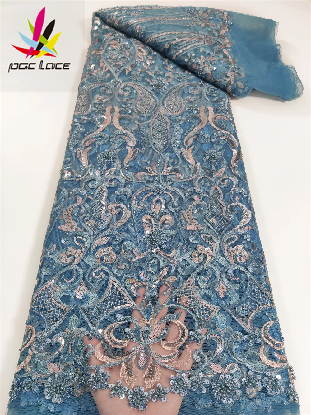 

PGC African Beaded Lace Fabric Luxury Nigerian Groom Lace Fabrics 2022 French Net Lace Fabric With Sequins For Wedding YA5058B-1