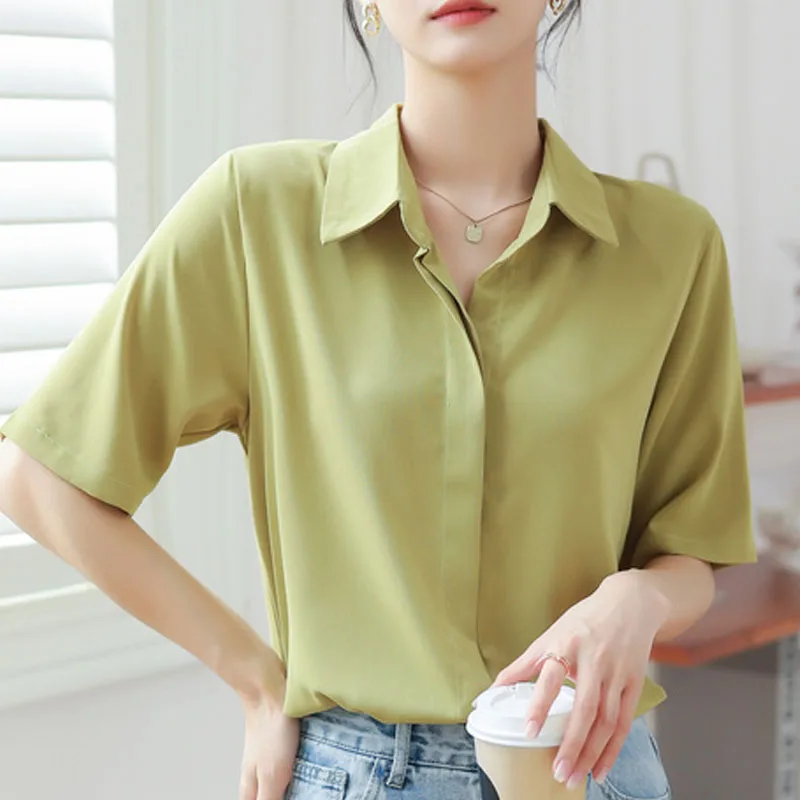 

Shirt Blusas Mujer De Moda 2022 Verano Elegantes Ladies Tops Chiffon Blouses Short Sleeve V-Neck Solid Green White Color 2941