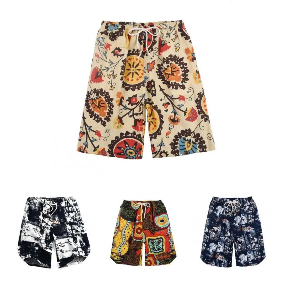 

Comfy Trendy Retro Print Men Beach Shorts Skin-Touch Men Shorts Wide Leg for Sports