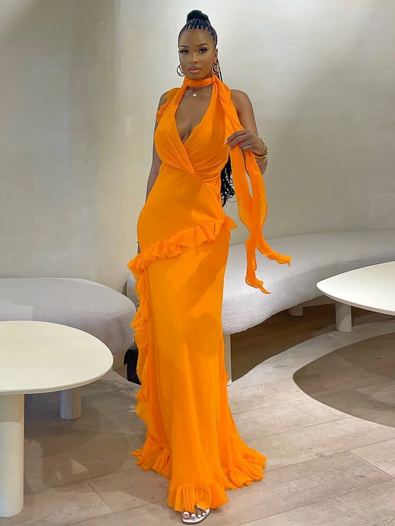 

Women Elegant Deep V-Neck Backless Split Collar Zipper Bodycon Dress Sexy Ruffles Halter Dress Clubwear Summer Orange Sundress