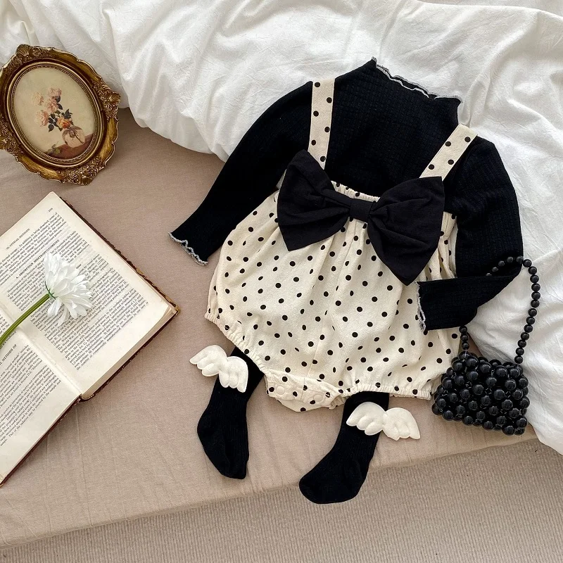 

2PCS Set Newborn Baby Girl Clothes 0-3Years Princess Kids Long Sleeve Cotton T-shirt Tops Polka Dot Bow Romper Autumn Outwear