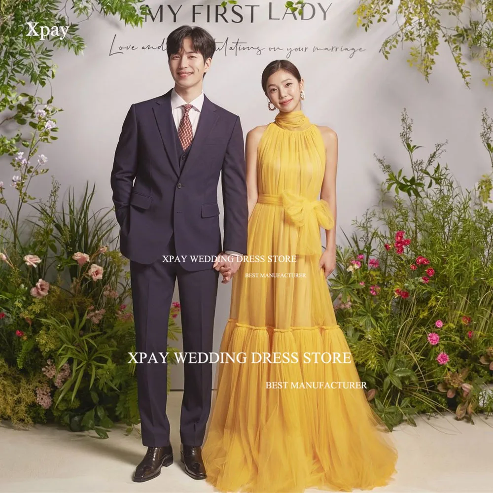 Элегантные желтые трапециевидные корейские вечерние платья XPAY с высоким