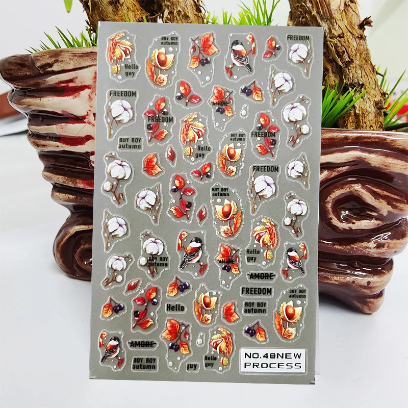 

1 Sheet 3D Nail Stickers Flowers Leaf Berries Letters Design Manicure Sticker Adhesive Transfer Sliders Nail Art Decoration