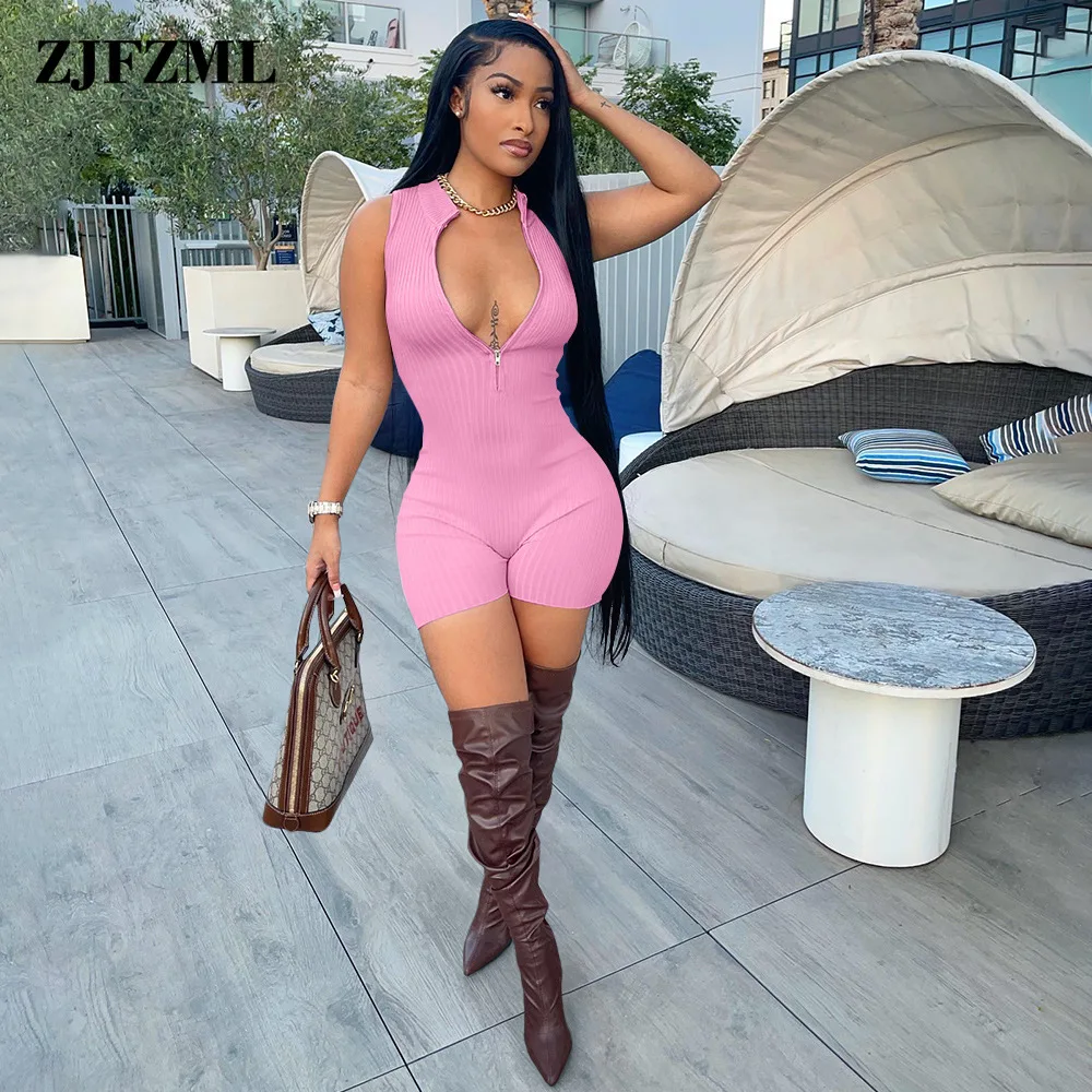 

Summer Ribbed Elastic Bodycon Jumpsuit Sexy Outfits for Women Casual Zipper Front Deep V Neck Sleeveless Fitness Short Playsuits