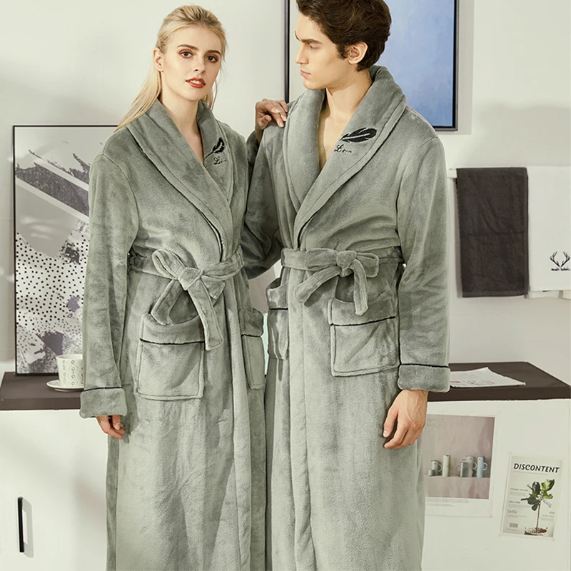 Thick Warm Couple Bathrobe Fleece Winter Long Sleeve Women's Dressing Gown Solid Fleece Fluffy Pockets Kimono With Sashes Female