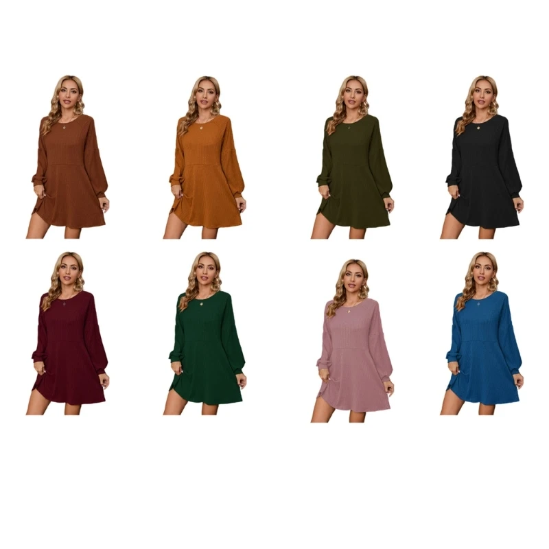 

Women Solid Color Crewneck Raglan Long Sleeve High Waist Flowy Knit Tunic Dress