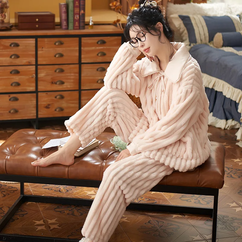 New Fashion Women Girl's Flannel Pajamas Set Pyjama For Winter Thermal Homewear Sleepwear Nightwear Set Sleeping Clothing