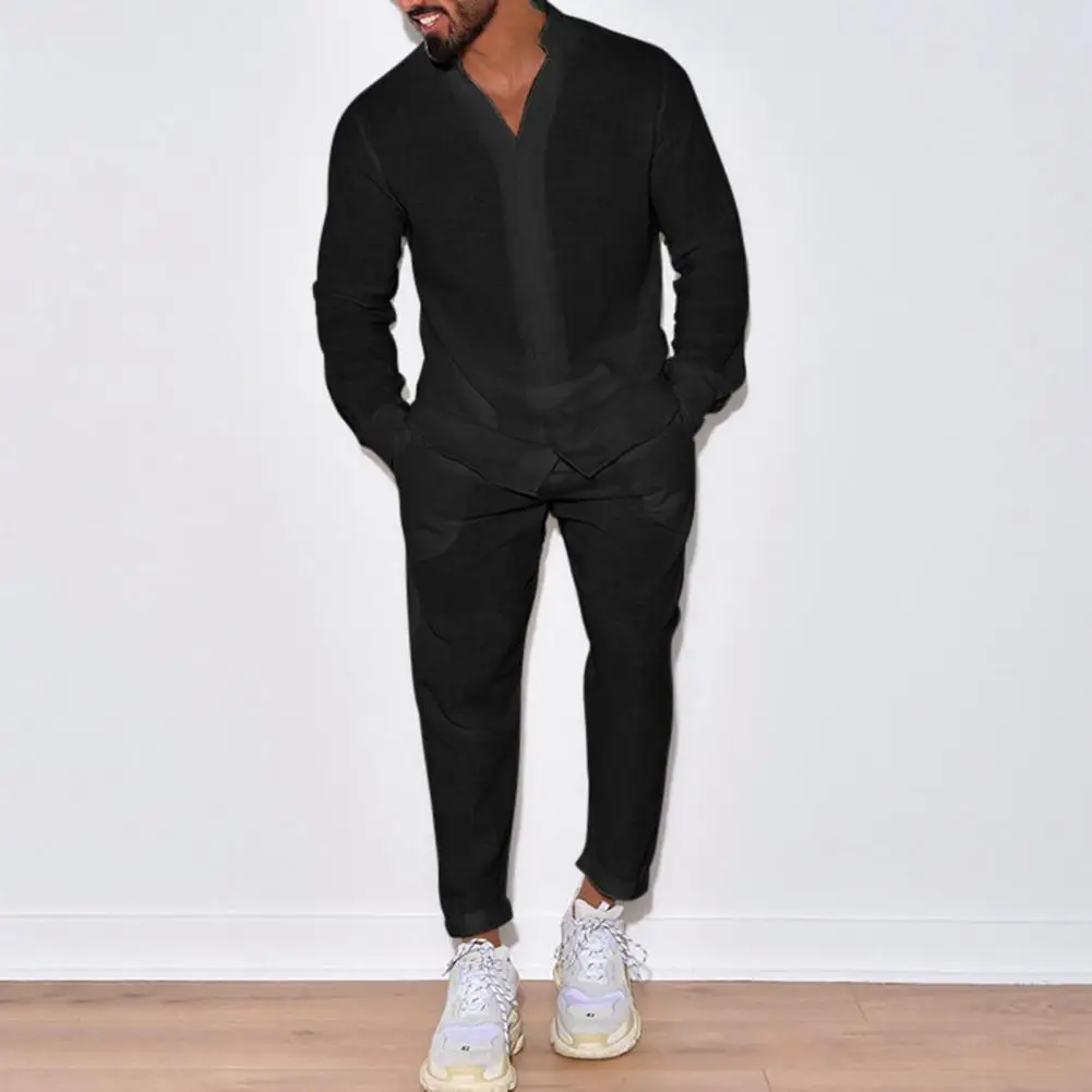 2Pcs/Set Stand Collar V-neck Shirt Elastic Waistband Long Pants Long Sleeve Single Breasted Pockets Straight Leg Casual Outfit