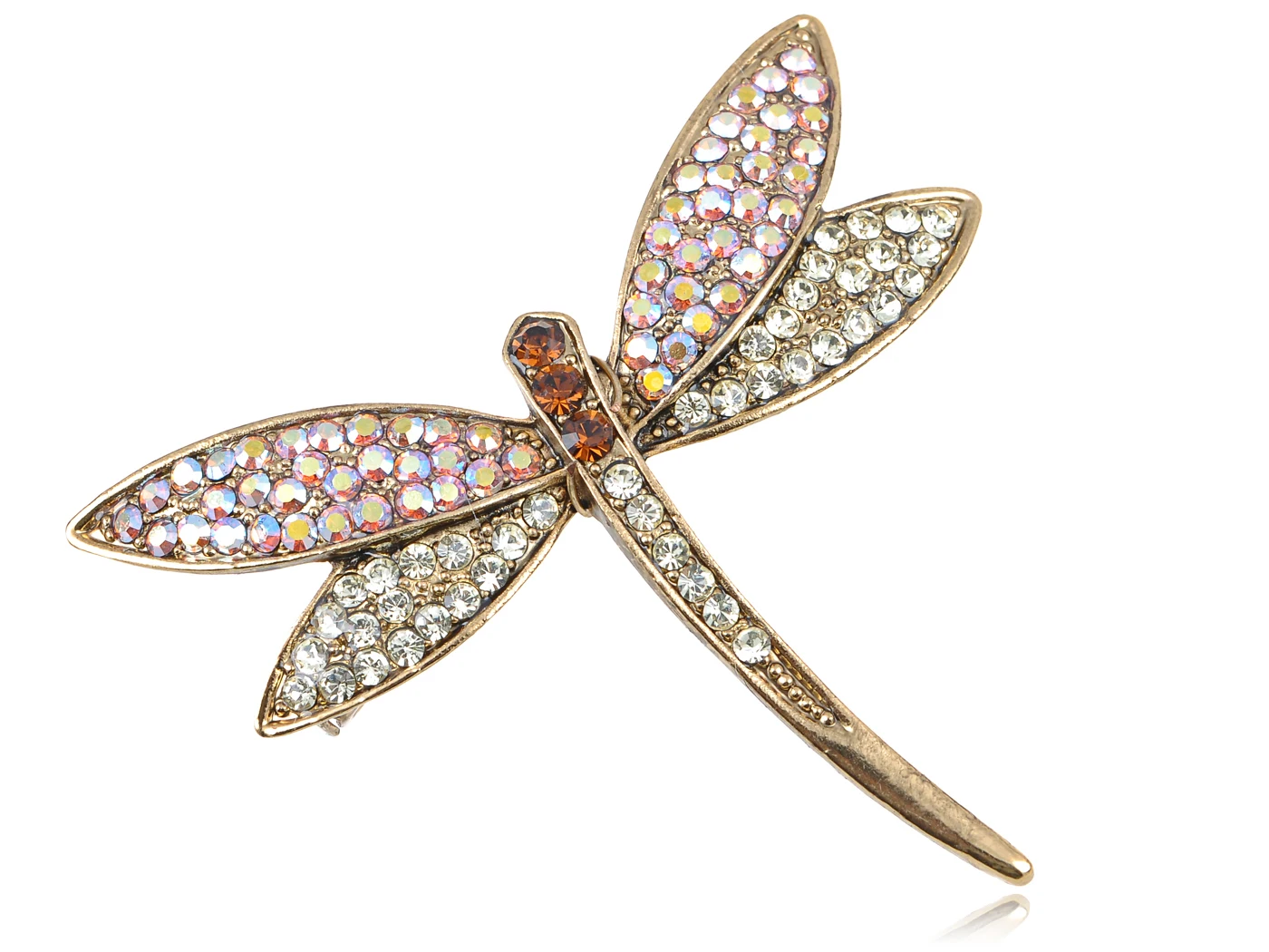 

Golden Tone Iridescent Multi Rhinestones Colorful Dragonfly Brooch Pin